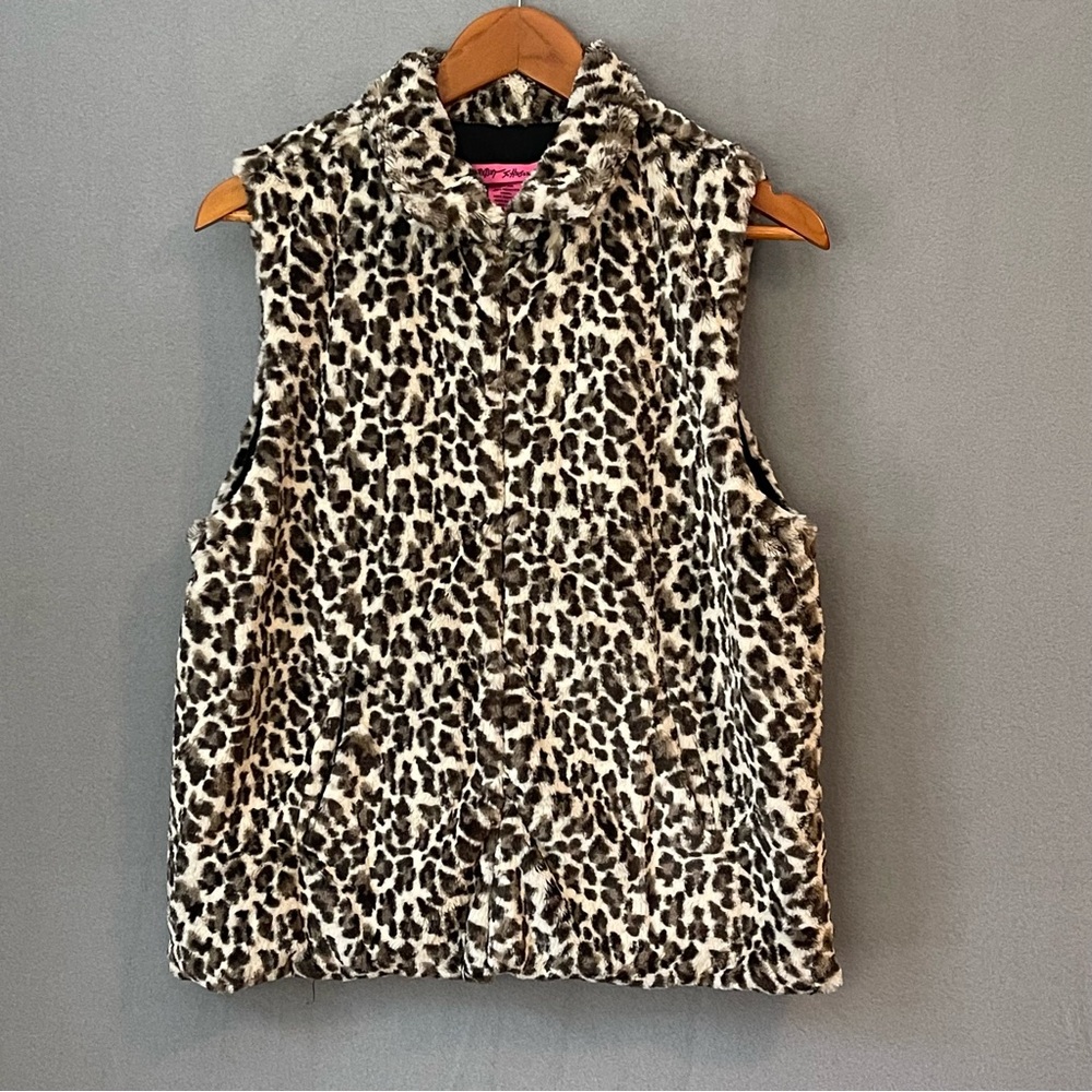 Betsey Johnson Leopard Faux Fur Vest L Hook & Eye Lined Glam